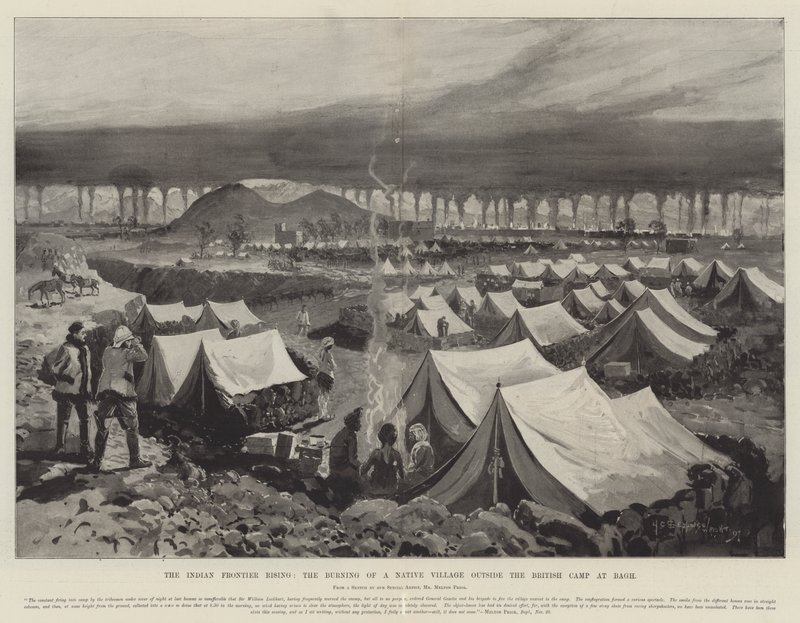 A ascensão da fronteira indiana, a queima de uma aldeia nativa fora do acampamento britânico em Bagh de Henry Charles Seppings Wright