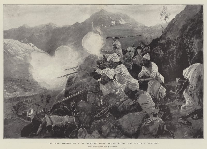 A ascensão da fronteira indiana, os tribais disparando o acampamento britânico em Bagh no anoitecer de Henry Charles Seppings Wright
