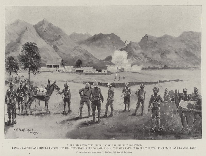 A Fronteira Indiana Nascente, com a Força de Campo de Buner, Sapadores de Bengala e Mineiros explodindo a Câmara do Conselho de Said Ullah, o Mad Faquir que liderou o Ataque em Malakand em Julho passado. de Henry Charles Seppings Wright