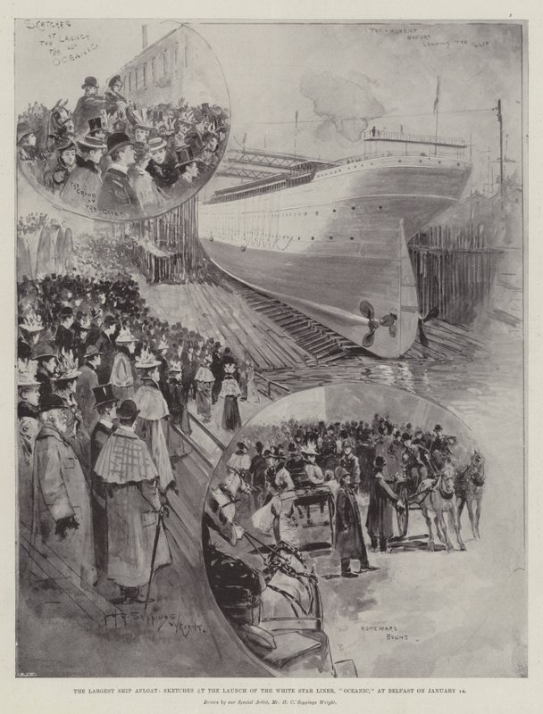 O maior navio à tona, Sketches no lançamento do White Star Liner, Oceanic, em Belfast, em 14 de janeiro de Henry Charles Seppings Wright