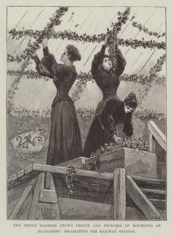 O recém-casado príncipe herdeiro e princesa da Romênia em Bucareste, decorando a estação ferroviária de Henry Charles Seppings Wright