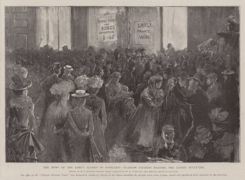 A notícia da doença do rei na Escócia, Glasgow Os cidadãos que lêem os últimos boletins de Henry Charles Seppings Wright