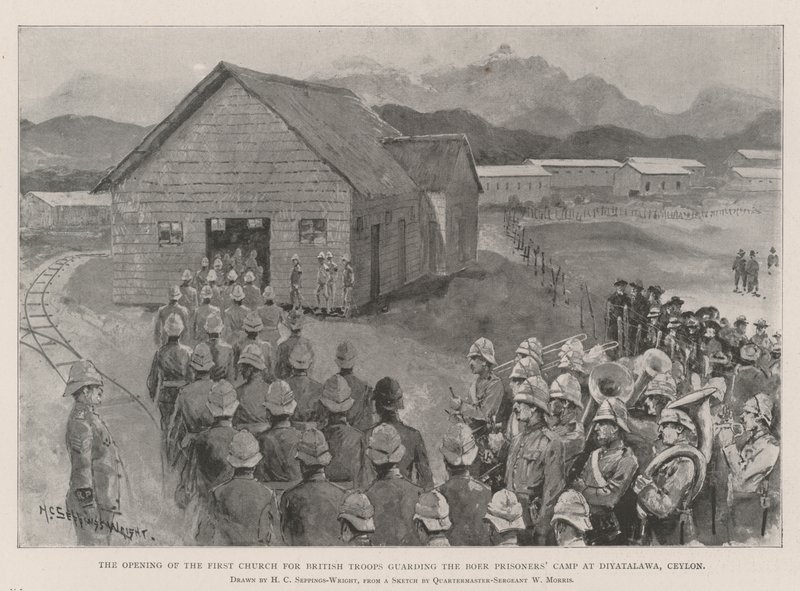 A abertura da primeira igreja para as tropas britânicas que guardam o acampamento dos prisioneiros bôeres em Diyatalawa, Ceilão de Henry Charles Seppings Wright
