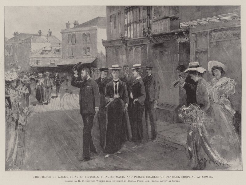 O Príncipe de Gales, a Princesa Vitória, a Princesa Maud e o Príncipe Carlos da Dinamarca fazendo compras em Cowes de Henry Charles Seppings Wright