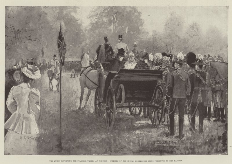 A rainha revendo as tropas coloniais em Windsor, oficiais do contingente indiano sendo apresentado a Sua Majestade de Henry Charles Seppings Wright