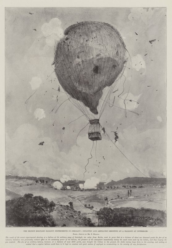 Os recentes experimentos com balões militares na Alemanha, infantaria e tiro de artilharia em um balão na Interbogk de Henry Charles Seppings Wright