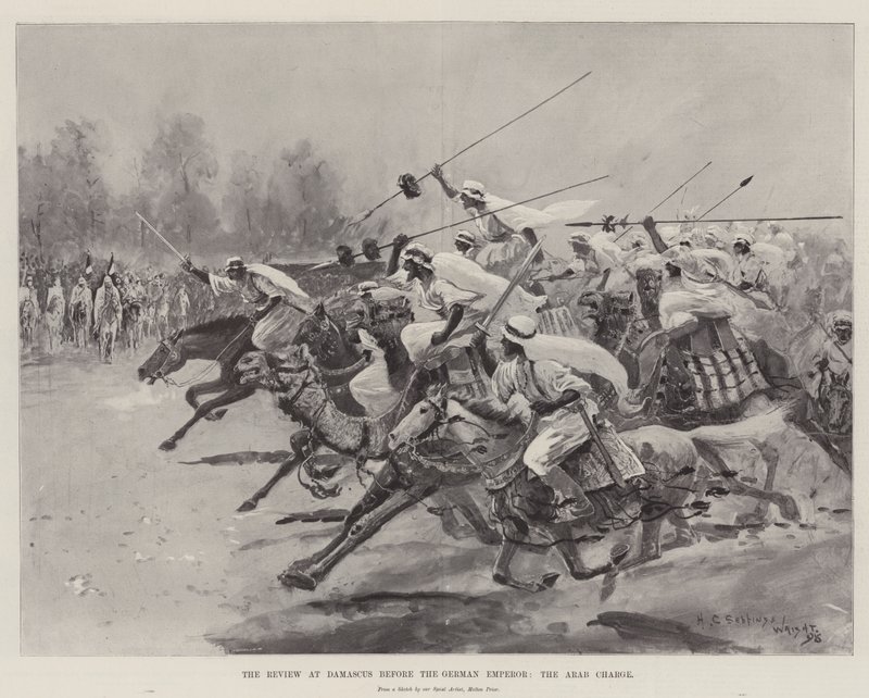 A revisão em Damasco antes do imperador alemão, a carga árabe de Henry Charles Seppings Wright