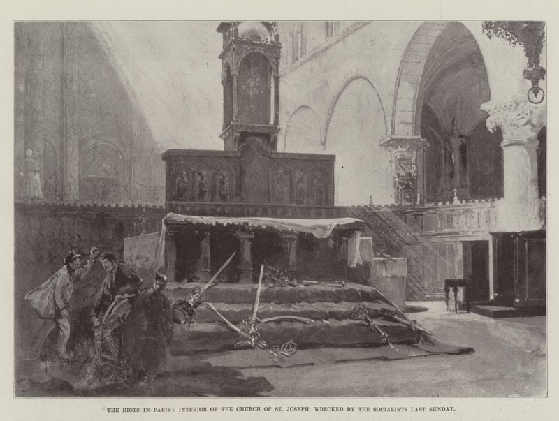 Os motins em Paris, Interior da Igreja de São José, destruídos pelos socialistas no último domingo de Henry Charles Seppings Wright