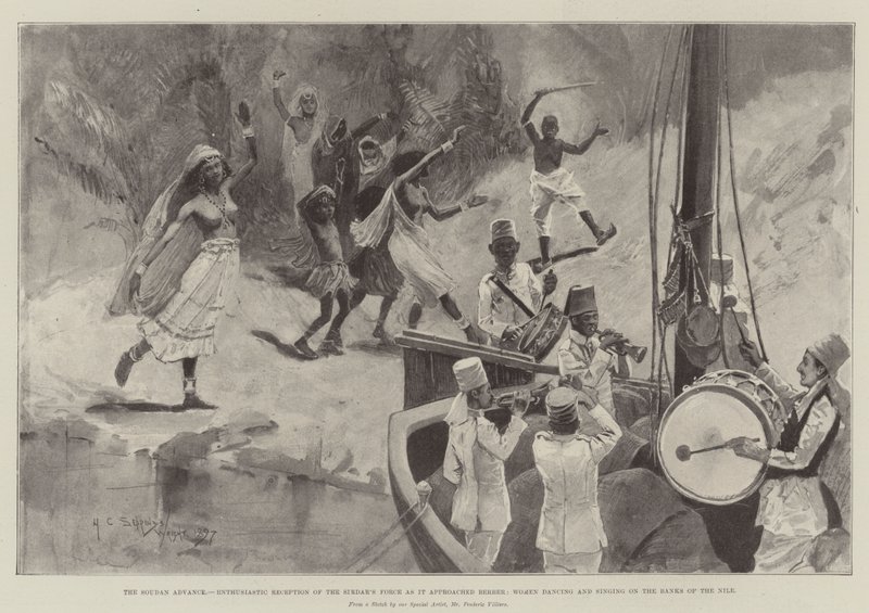 O Soudan Advance, Recepção Entusiástica da Força de Sirdar quando se aproximava de Berber, Mulheres dançando e cantando nas margens do Nilo de Henry Charles Seppings Wright