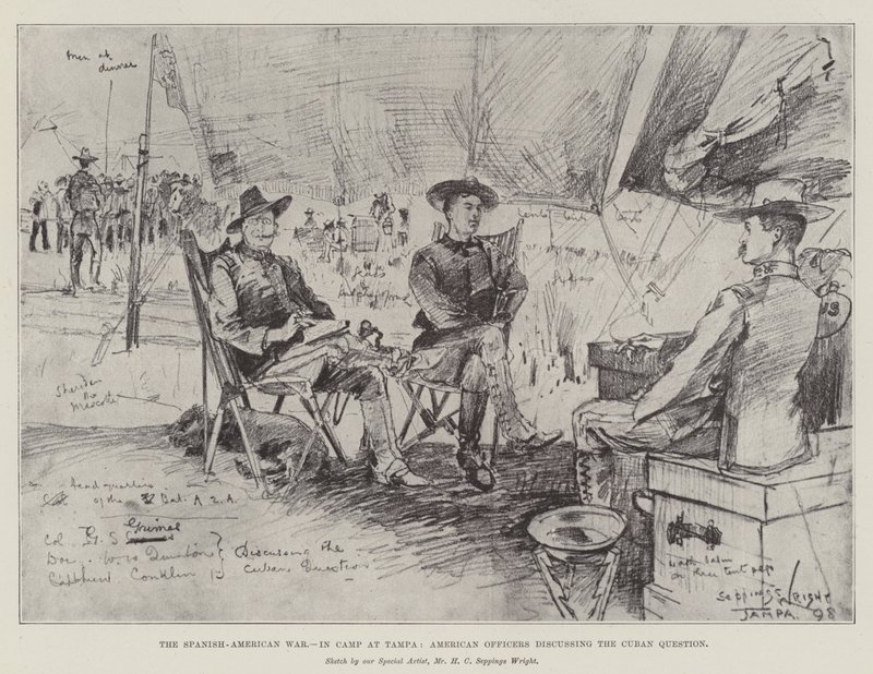 A Guerra Hispano-Americana, no Acampamento de Tampa, Oficiais Americanos discutindo a Questão Cubana de Henry Charles Seppings Wright