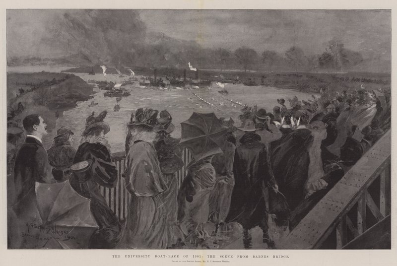 A corrida de barcos da Universidade de 1901, a cena da ponte Barnes de Henry Charles Seppings Wright