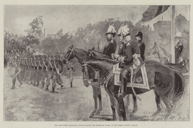 A revisão do Centenário Voluntário diante do Príncipe de Gales na Parada da Guarda de Cavalos de Henry Charles Seppings Wright
