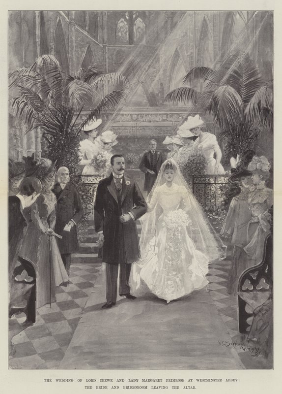 O casamento do senhor Crewe e da senhora Margaret Primrose na abadia de Westminster, a noiva e o noivo que saem do altar de Henry Charles Seppings Wright