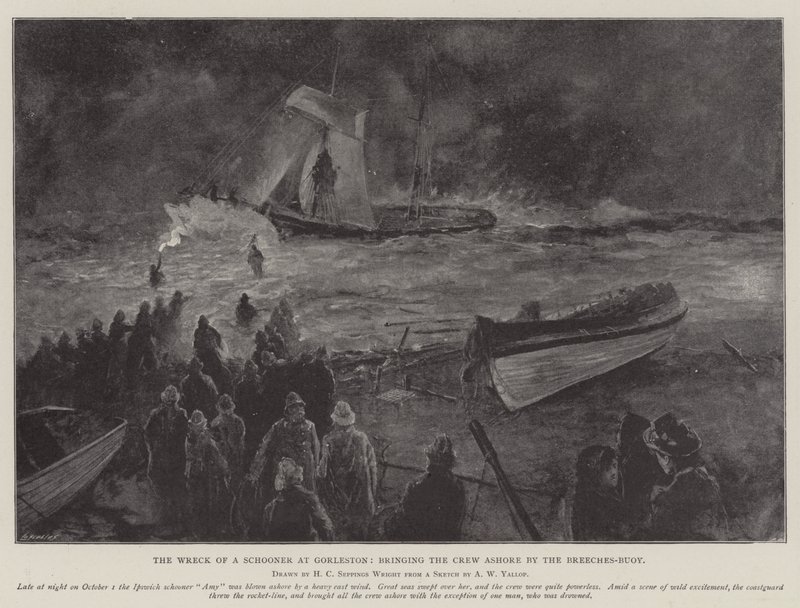 O naufrágio de uma escuna em Gorleston, trazendo a tripulação em terra pelas culatras-bóia de Henry Charles Seppings Wright