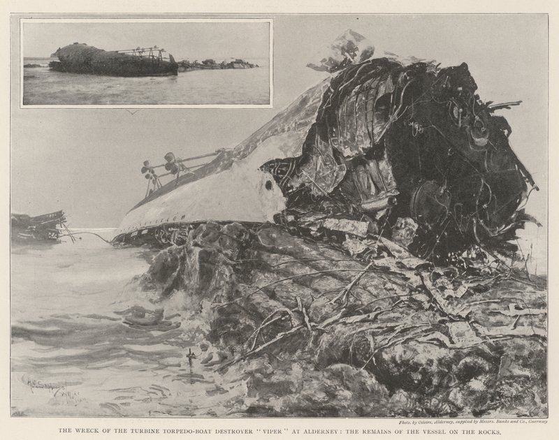 O Naufrágio da Víbora Destruidora de Torpedeiros da Turbina em Alderney, os Restos do Navio nas Rochas de Henry Charles Seppings Wright