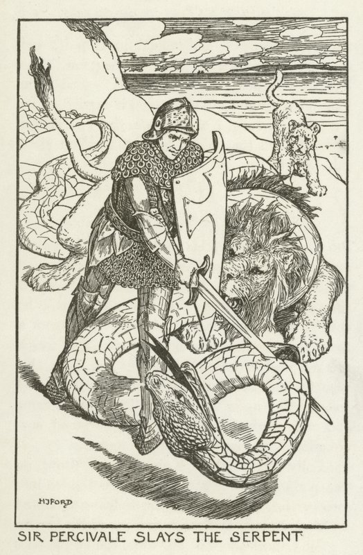 Sir Percivale mata a serpente de Henry Justice Ford