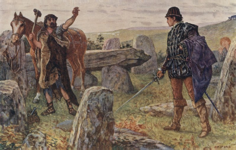 Tressilian começou com a espada na mão, correu pela moita e confrontou um homem com avental de couro de um ferrador. de Henry Justice Ford