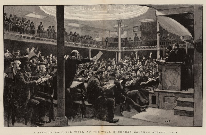Uma venda de lã colonial no Wool Exchange, Coleman Street, City de Henry Marriott Paget