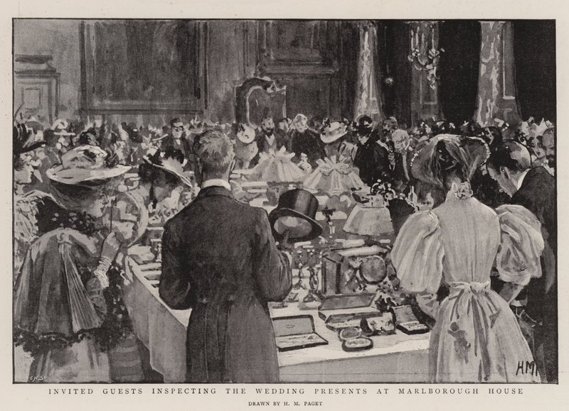 Convidados convidados inspecionando os presentes de casamento em Marlborough House de Henry Marriott Paget