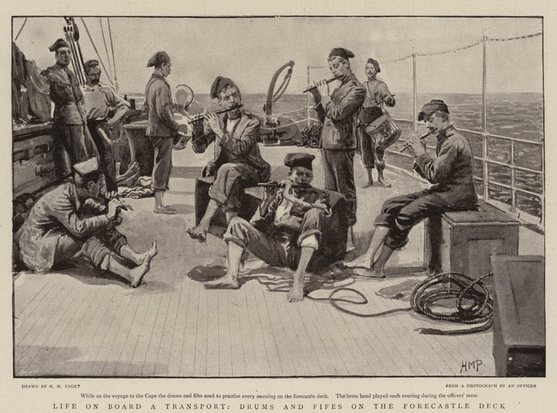 A vida a bordo de um transporte, tambores e quinas no convés de passageiros de Henry Marriott Paget