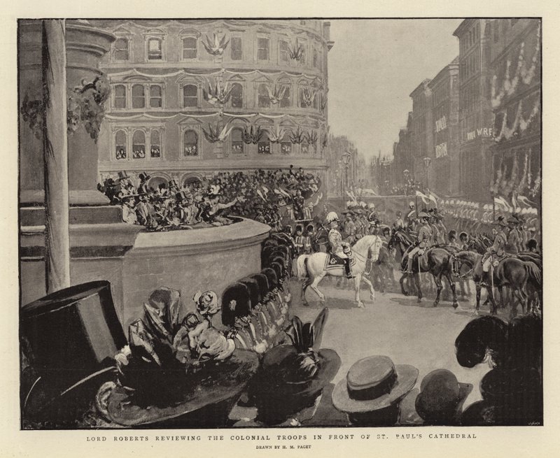 Lord Roberts revendo as tropas coloniais em frente à Catedral de São Paulo de Henry Marriott Paget
