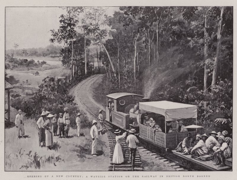 Abrindo um novo país, uma estação Wayside na estrada de ferro no norte britânico Bornéu de Henry Marriott Paget