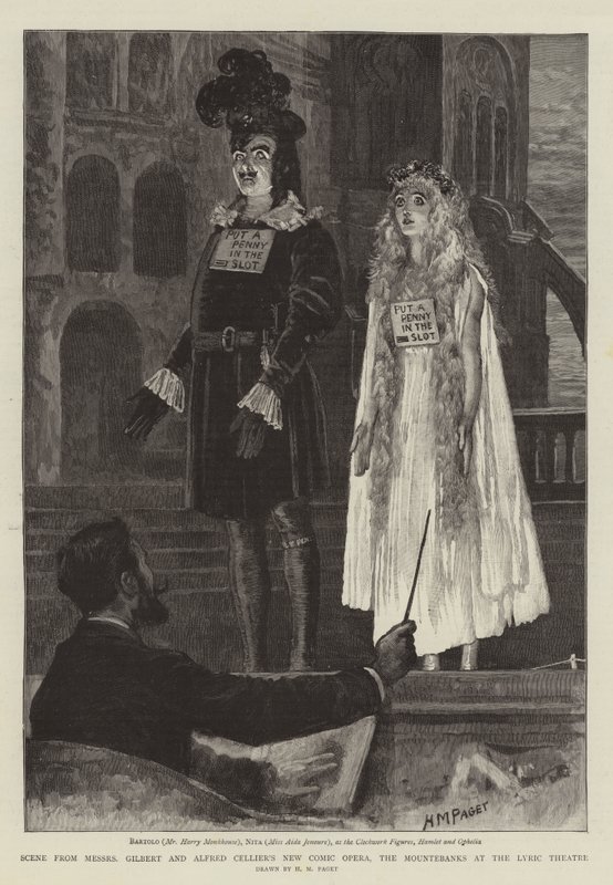 Cena da New Comic Opera de Gilbert e Alfred Cellier, The Mountebanks no Lyric Theater de Henry Marriott Paget
