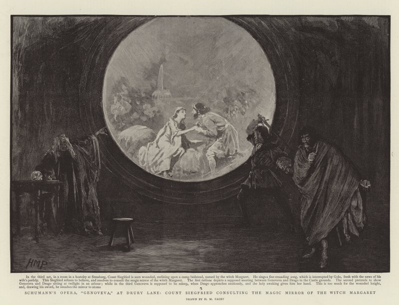 Ópera de Schumann, Genoveva, em Drury Lane, Conde Siegfried, consultando o Espelho Mágico da Bruxa Margarida de Henry Marriott Paget