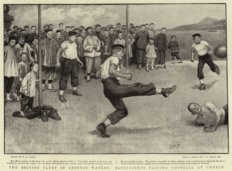 A frota britânica em águas chinesas, casacos-azuis jogando futebol na Chusan de Henry Marriott Paget