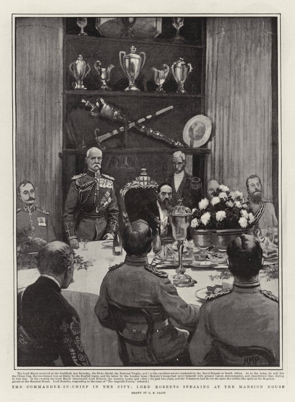 O comandante-chefe da cidade, Lord Roberts falando na mansão de Henry Marriott Paget