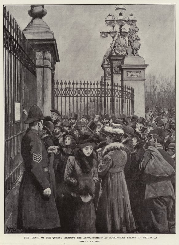 A morte da rainha, lendo o anúncio no Palácio de Buckingham na quarta-feira de Henry Marriott Paget