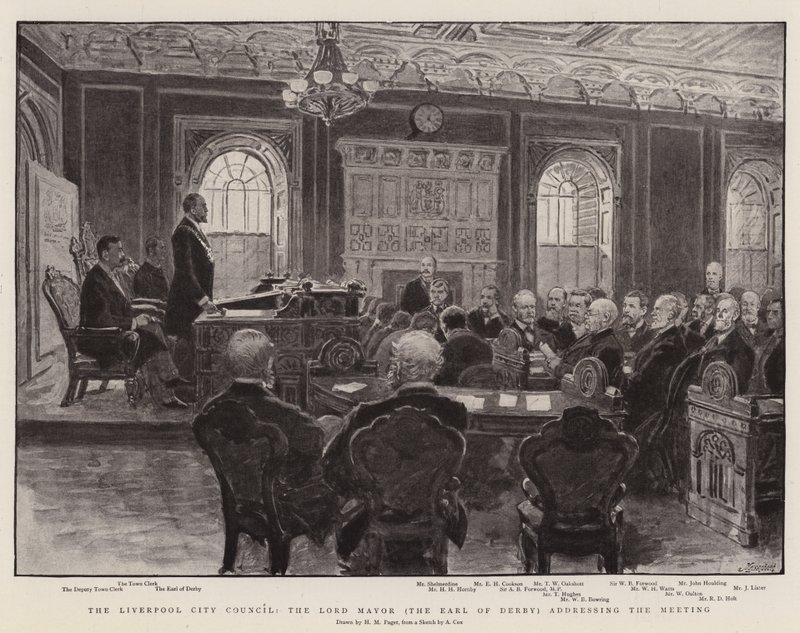 O Conselho da Cidade de Liverpool, o Lord Mayor (o Conde de Derby) dirigindo-se ao Encontro de Henry Marriott Paget
