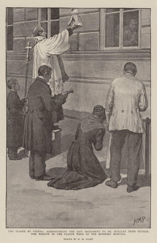 A Praga em Viena, administrando o Último Sacramento ao Dr. Mueller, do lado de fora da Janela da Enfermaria da Praga do Hospital Epidêmico de Henry Marriott Paget