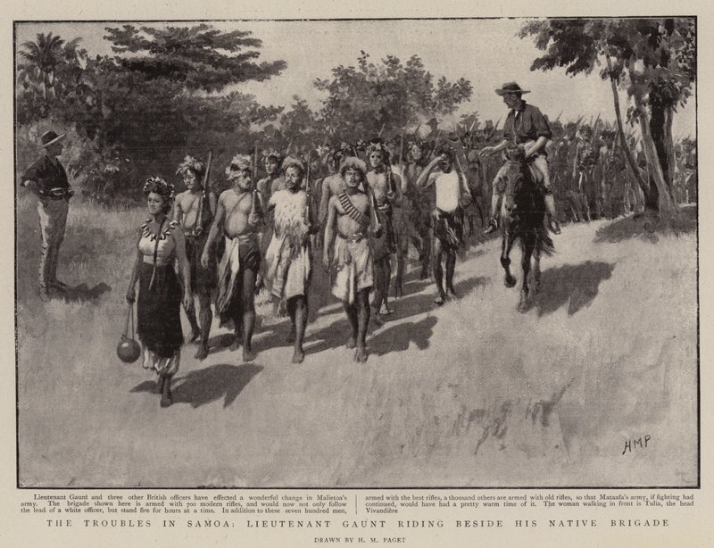 Os problemas em Samoa, o tenente Gaunt cavalgando ao lado de sua brigada nativa de Henry Marriott Paget