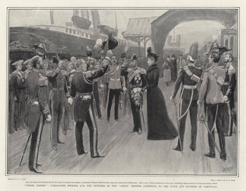 Três Felicidades, Comandante Wemyss e os Oficiais do Ophir se despedindo do Duque e da Duquesa da Cornualha de Henry Marriott Paget