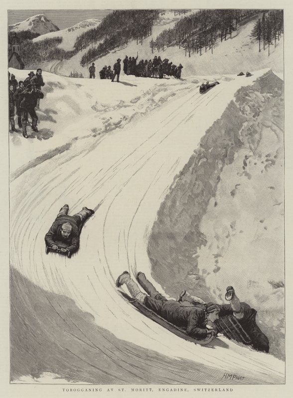 Tobogganing em St Moritz, Engadine, Suíça de Henry Marriott Paget