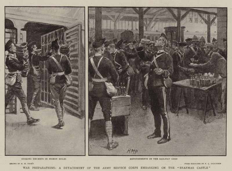 Preparativos para a Guerra, um destacamento do Corpo de Serviço do Exército que embarca no Castelo de Braemar de Henry Marriott Paget
