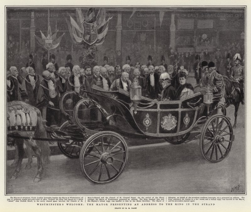 Boas-vindas de Westminster, o prefeito apresentando um endereço para o rei na Strand de Henry Marriott Paget