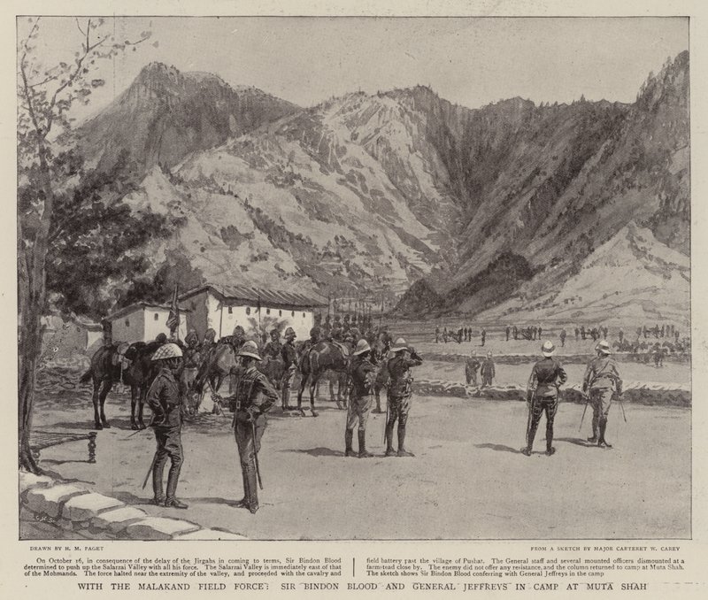 Com a Força de Campo de Malakand, Sir Bindon Blood e o General Jeffreys em Acampamento em Muta Shah de Henry Marriott Paget