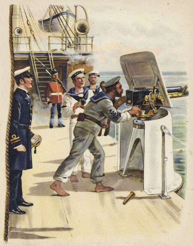 Broca de arma durante as manobras navais, 1891 (chromolitho) de Henry Payne