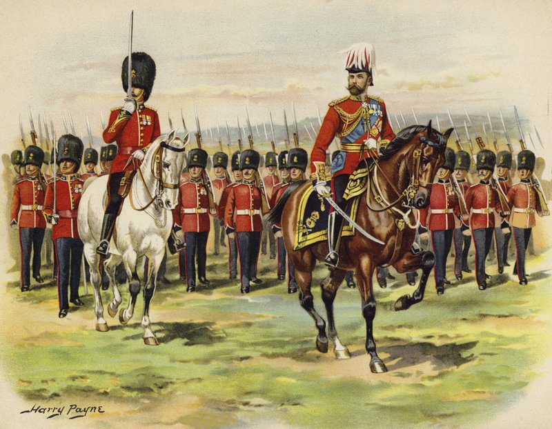 Rei George V como Príncipe de Gales liderando seu regimento, os Royal Fusiliers, em Aldershot (cromolitho) de Henry Payne
