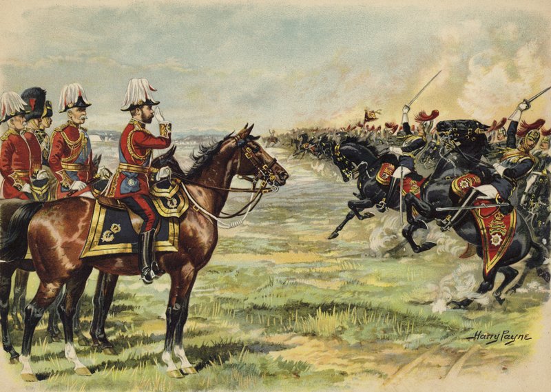 Rei George V revendo suas tropas em Aldershot (cromolitho) de Henry Payne