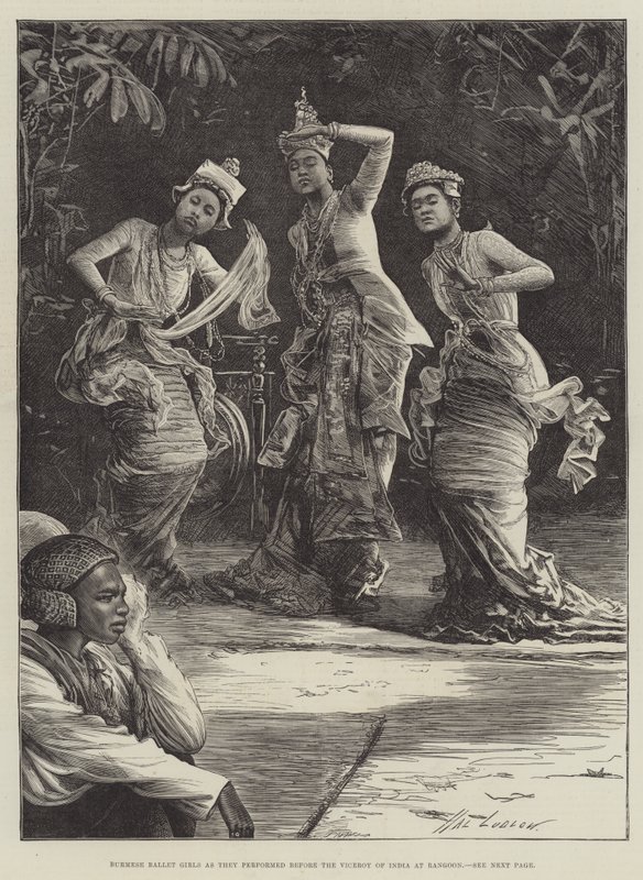 Meninas de balé birmanês como eles se apresentaram antes do vice-rei da Índia em Rangoon de Henry Stephen Ludlow