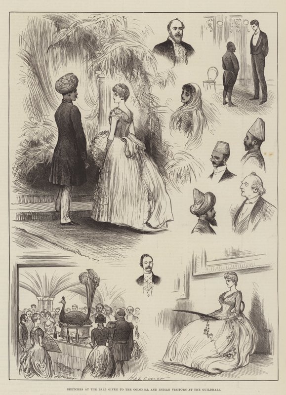 Esboços na bola dada aos visitantes coloniais e indianos no Guildhall de Henry Stephen Ludlow