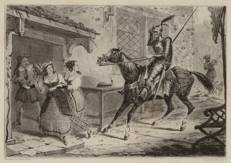 Cavaleiro (Dom Quixote) chegando na pousada de Henry Thomas Alken
