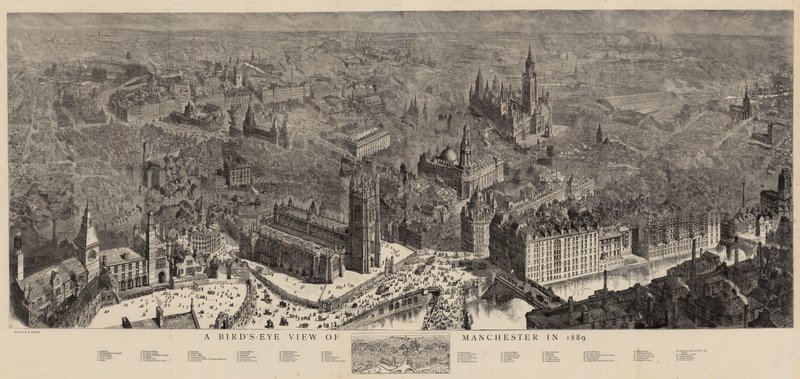 Uma visão panorâmica de Manchester em 1889 de Henry William Brewer