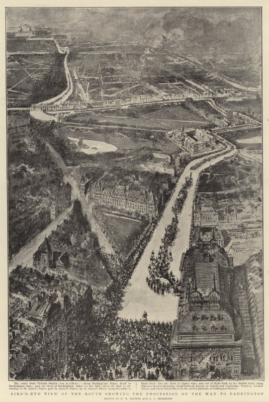 Visão aérea da rota mostrando a procissão a caminho de Paddington de Henry William Brewer