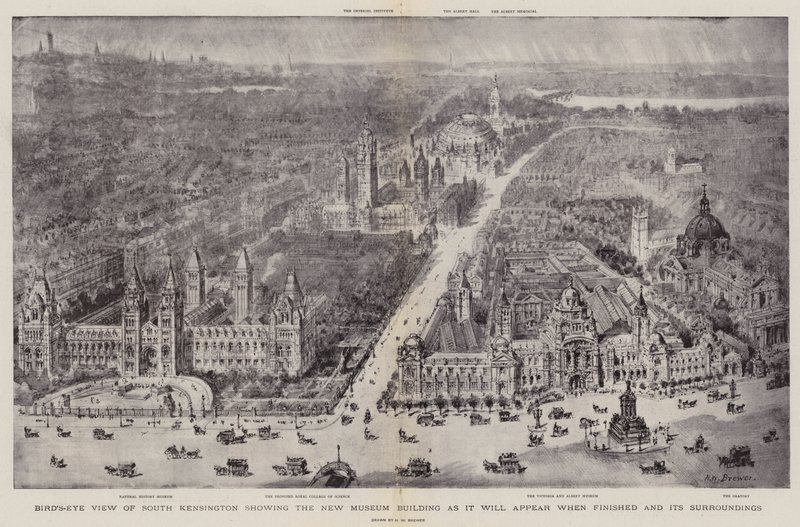 Visão panorâmica de South Kensington mostrando o New Museum Building como ele aparecerá quando terminar e seu entorno de Henry William Brewer