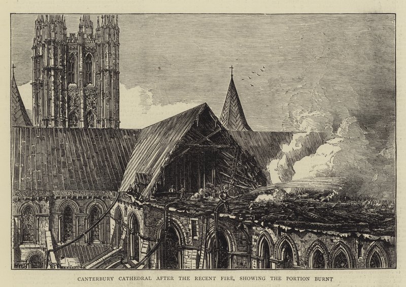 Catedral de Canterbury após o incêndio recente, mostrando a porção queimada de Henry William Brewer