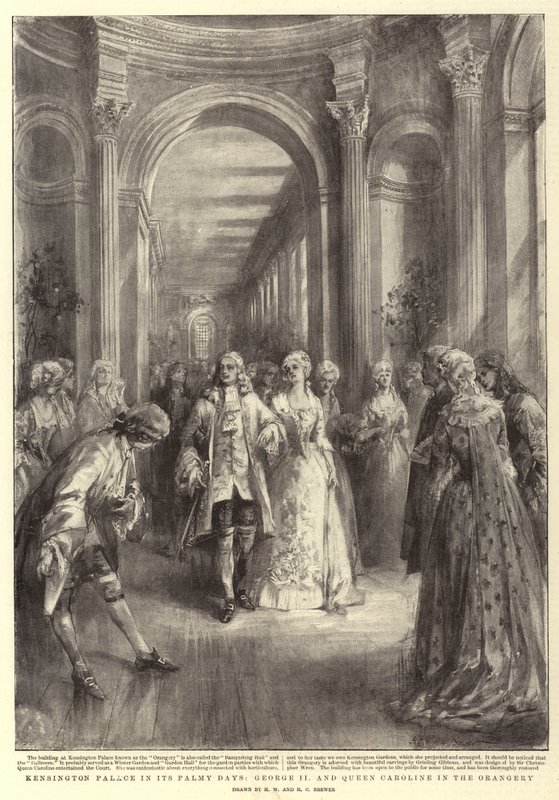 Palácio de Kensington em seus Palmy Days, George II e Rainha Caroline na Orangerie de Henry William Brewer